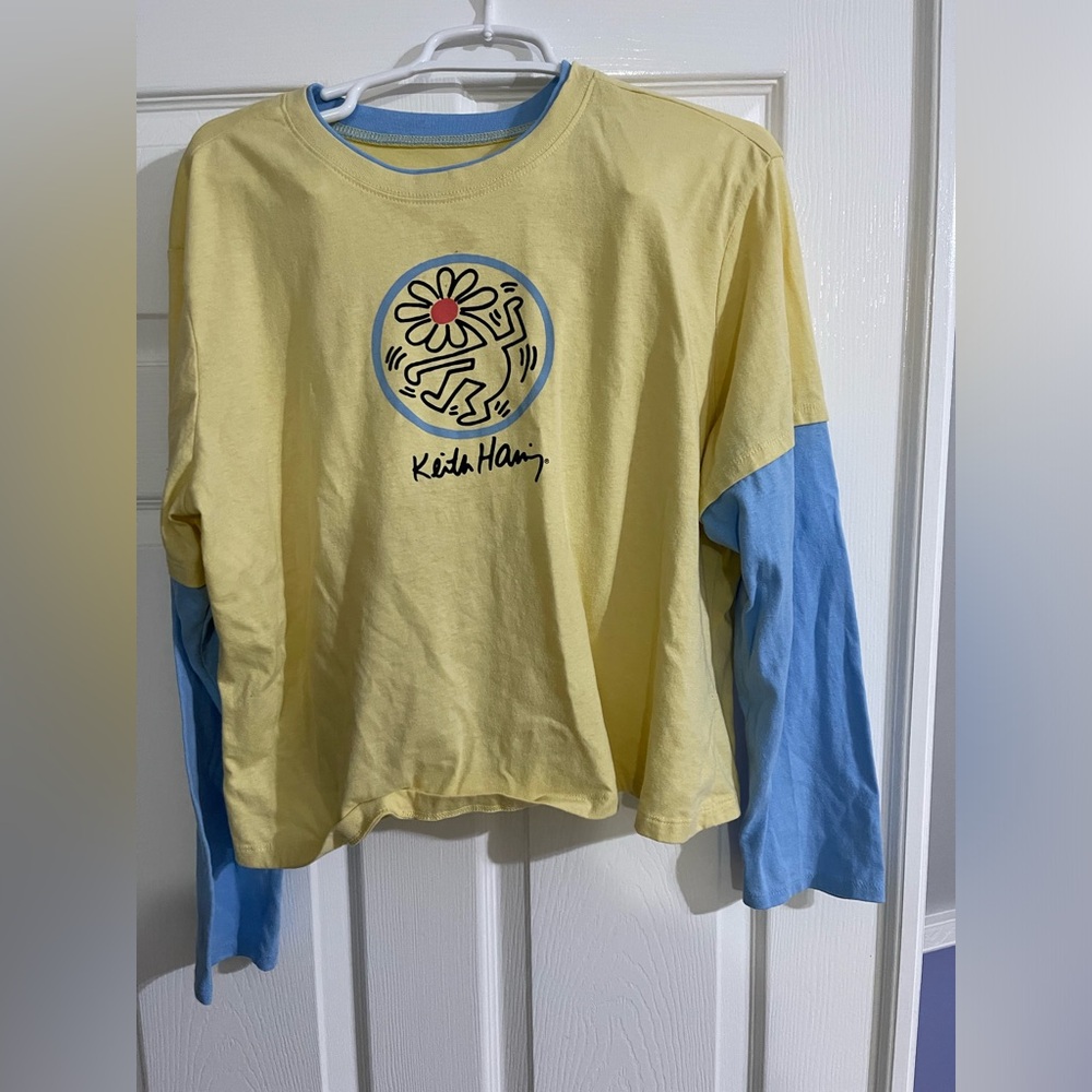 Kieth Haring Yellow and Blue Layered Long Sleeve Shirt